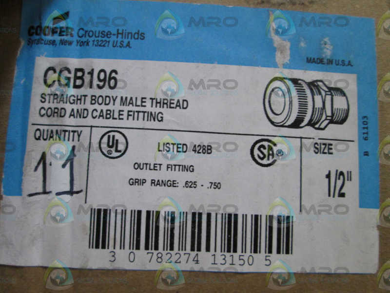 LOT OF 11 CROUSE-HINDS 1/2" CORD AND CABLE FITTING CGB196 *NEW IN BOX*