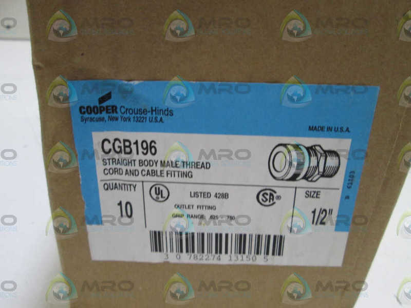 LOT OF 10 CROUSE-HINDS 1/2" CORD AND CABLE FITTING CGB196 *NEW IN BOX*
