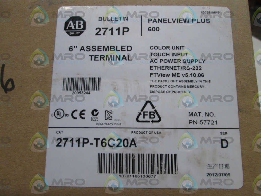 ALLEN BRADLEY 6" PANEL VIEW 2711P-T6C20A SER.D DATE: 07/2012 * FACTORY SEALED *