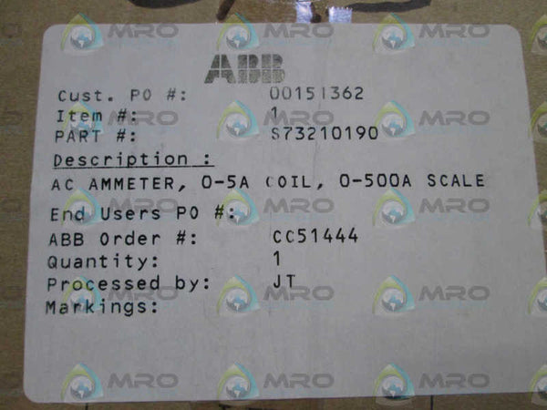 ABB AMPMETER 0-500AMP S73210190  NSMP