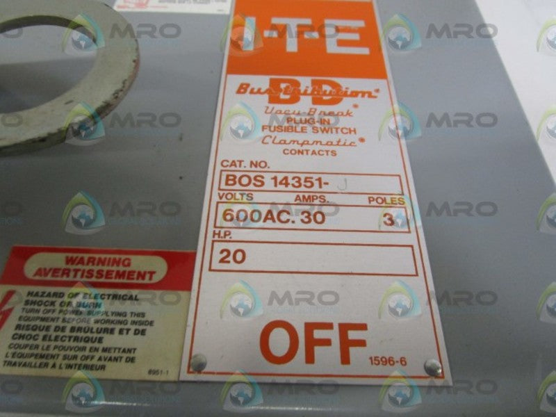 I-T-E PLUG-IN FUSIBLE SWITCH BOS 14351-J *USED*
