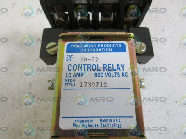 HOMEWOOD PRODUCTS CORP. CONTROL 10AMP 600V RELAY NH-22 *NEW NO BOX*