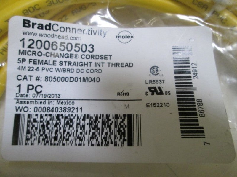 BRAD CONNECTIVITY 5P FEMALE CORDSET 805000D01M040 * NEW IN FACTORY BAG *