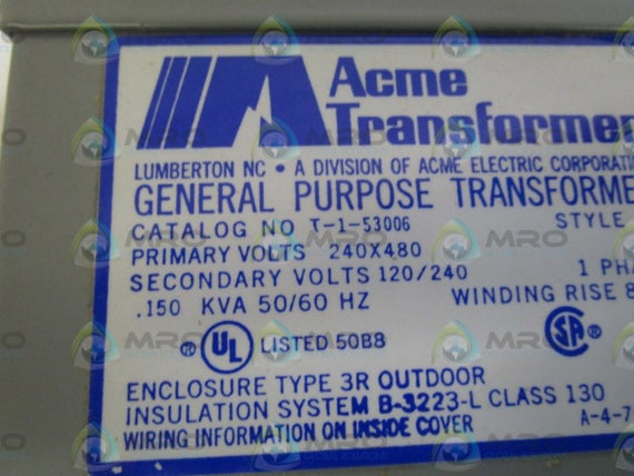 ACME T-1-53006 TRANSFORMER 240/480V * NEW IN BOX *
