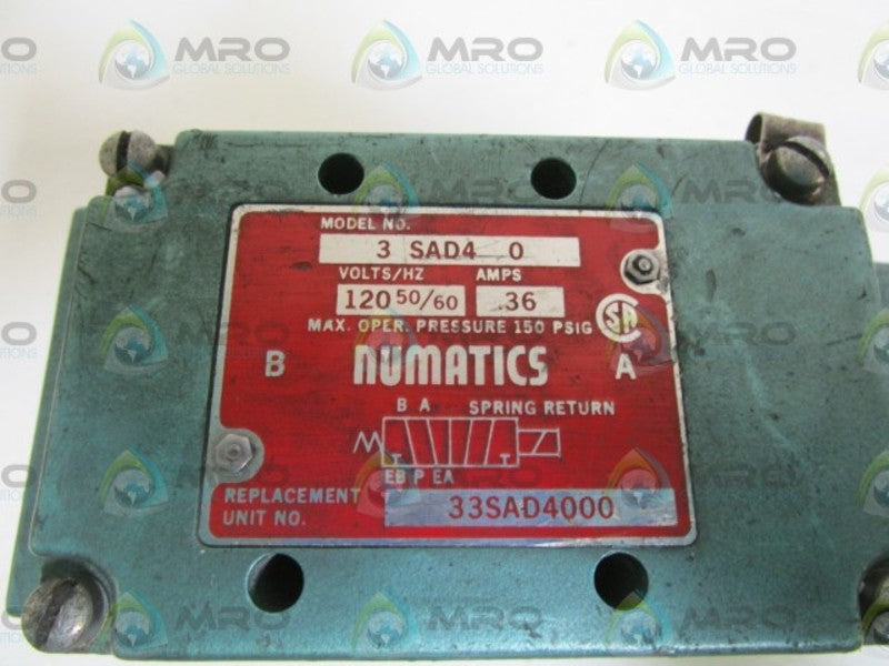 NUMATICS SOLENOID VALVE 3SAD40 *USED*