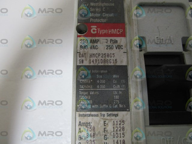 WESTINGHOUSE CIRCUIT BREAKER HMCP250G5 (REMANUFACTURED) *USED*