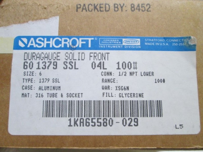 ASHCROFT 601379SSL04L-100# DURAGAUGE 0-100 PSI  NSMP