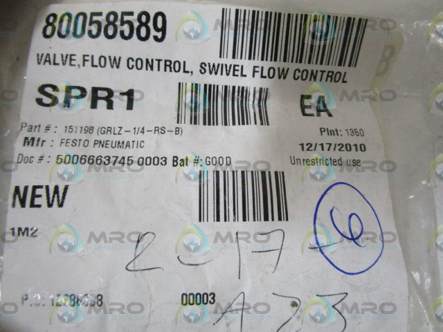 LOT OF 6 FESTO FLOW CONTROL VALVE GRLZ-1/4-RS-B *NEW NO BOX *