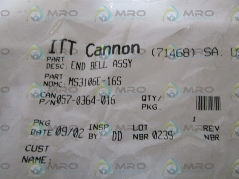 ITT CANNON END BELL ASSY MS3106E-16S *NEW IN FACTORY BAG*