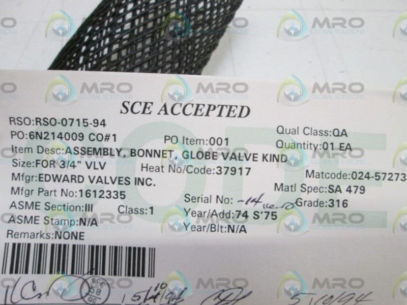 EDWARD VALVE INC. GLOBE VALVE FOR 3/4" VLV 1612335  NSNP