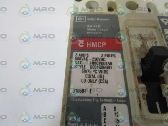 CUTLER HAMMER HMCP003A0 CIRCUIT BREAKER w/ ELC3003R CURRENT LIMITER * USED *