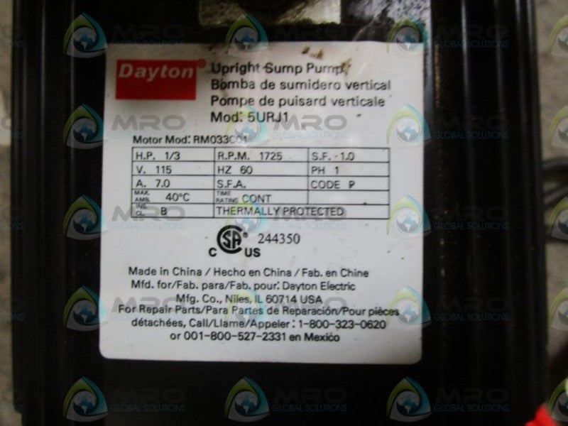 DAYTON UPRIGHT SUMP PUMP 5URJ1  UNMP
