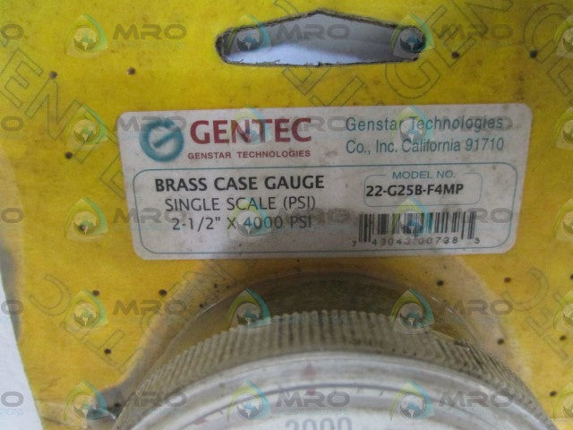 GENTEC BRASS CASE GAUGE 4000PSI 22-G25B-F4MP *ORIGINAL PACKAGE *