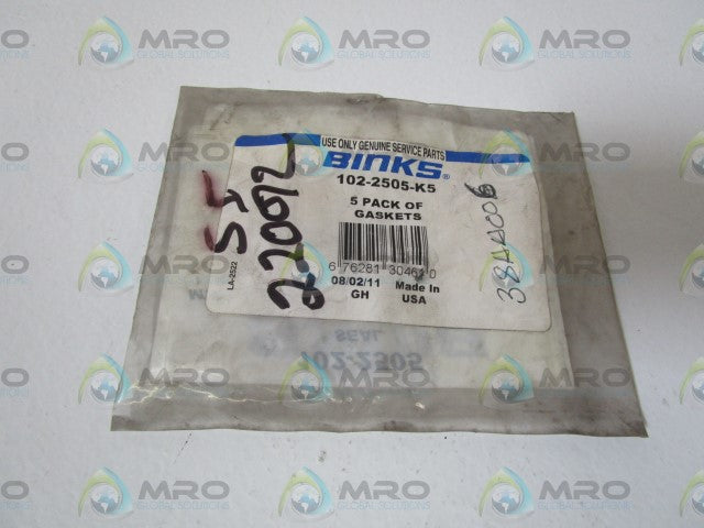 BINKS 5 PACK OF GASKETS 102-2505-K5 * NEW IN FACTORY BAG *
