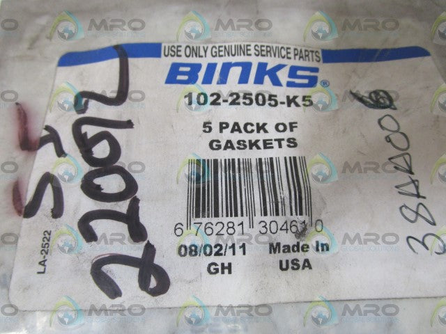BINKS 5 PACK OF GASKETS 102-2505-K5 * NEW IN FACTORY BAG *