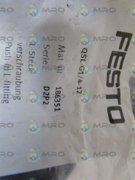 LOT OF 10 FESTO 186351 PUSH-IN L-FITTING QSL-G1/4-12 NSMP