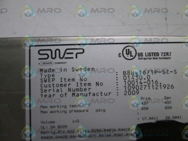 SWEP HEAT EXCHARGERS B8Hx16/1P-SC-S *NEW NO BOX*