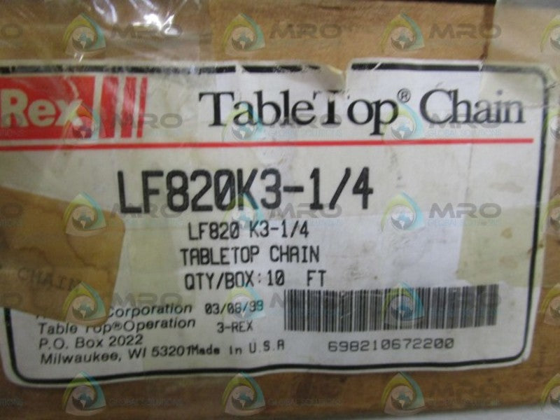 REXNORD 10FT TABLE TOP CHAIN LF820K3-1/4 *NEW IN BOX*