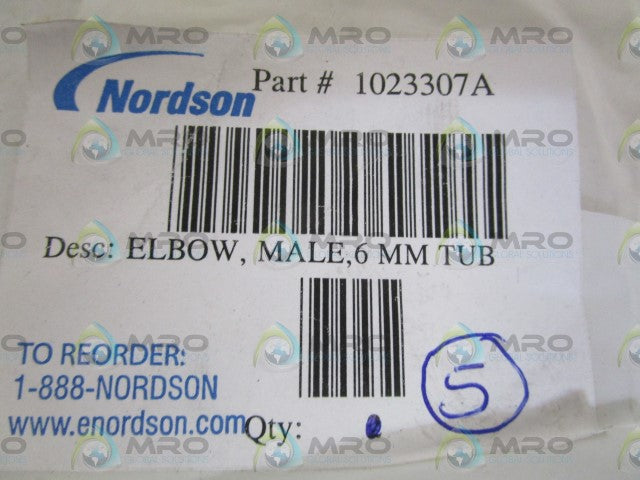 LOT OF 5 NORDSON ELBOW, MALE, 6 MM TUB  1023307A *NEW IN BAG*