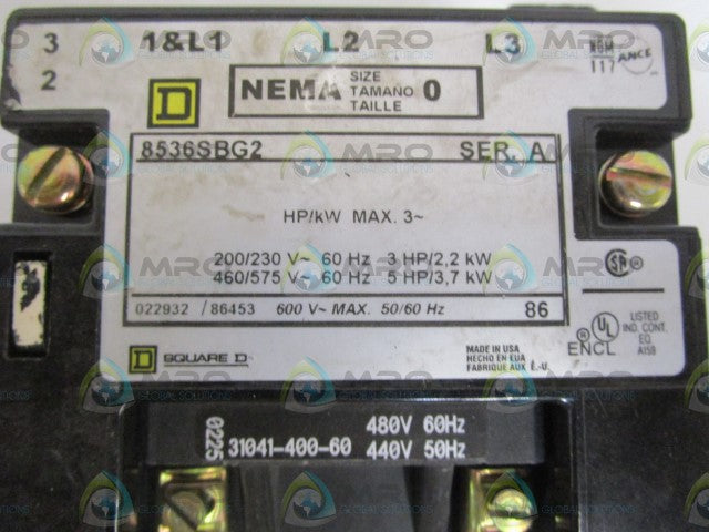 SQUARE D SIZE 0 200/230V 460/575V STARTER  8536SBG2 *USED*