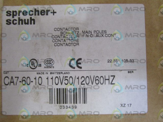 SPRECHER+SCHUH 110V50/120V60HZ CONTACTOR CA7-60-10 *NEW IN BOX*