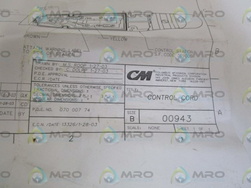 COLUMBUS MCKINNON CORP. CONTROL CORD SIZE:B 00943  NSNP