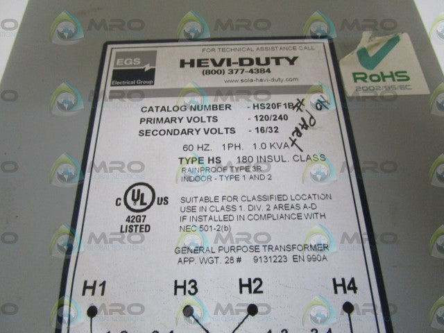 HEVY-DUTY 120/240V TRANSFORMER HS20F1B *NEW NO BOX*
