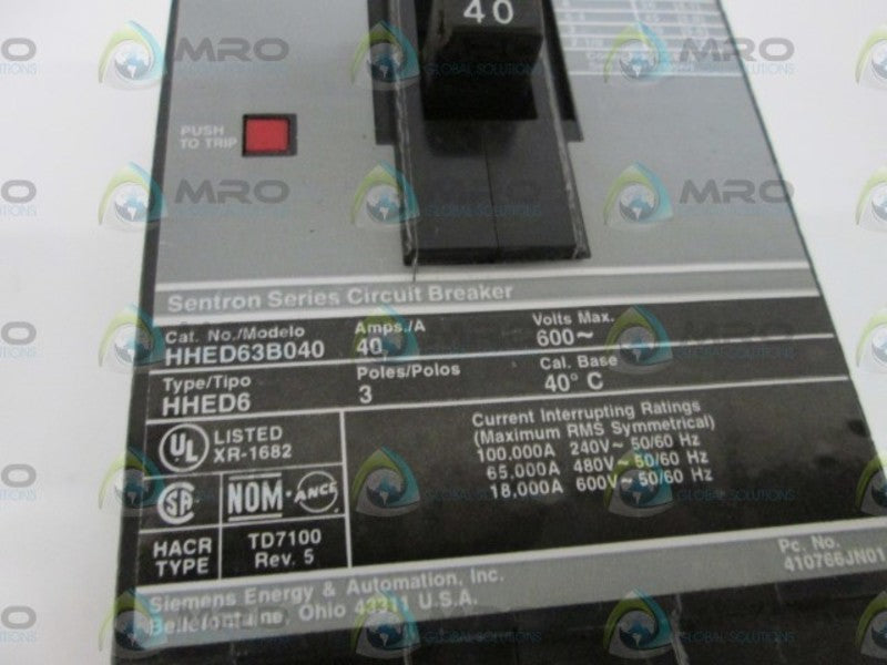 SIEMENS CIRCUIT BREAKER (NO LUGS) HHED63B040 *USED*