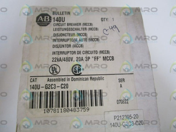 ALLEN BRADLEY 140U-G2C3-C20 SER. A CIRCUIT BREAKER 20A  NSMP