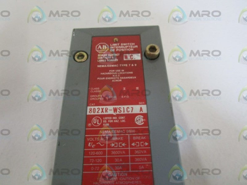 ALLEN BRADLEY LIMIT SWITCH 802XR-WS1C7 SER. A (AS PICTURED)  UNMP