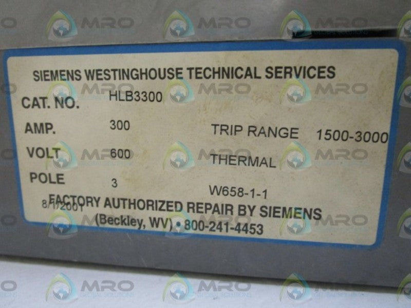 SIEMENS WESTINGHOUSE CIRCUIT BREAKER 300AMP HLB3300 *REMANUFACTURED*