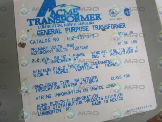 ACME 600V TRANSFORMER T-2-53112-S * USED *