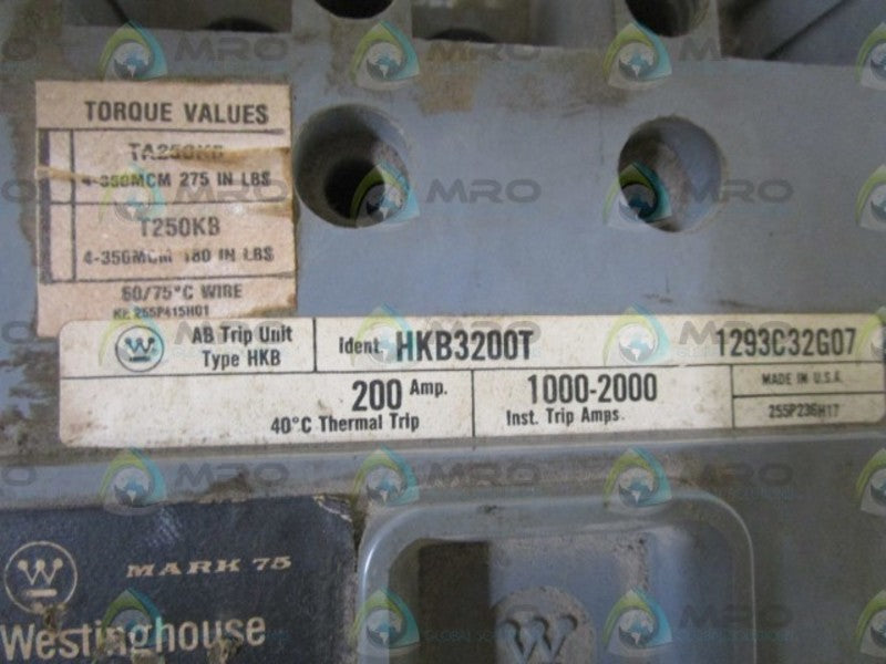 WESTINGHOUSE HKB3200 CIRCUIT BREAKER (AS PICTURED-CHIPPED) *USED*