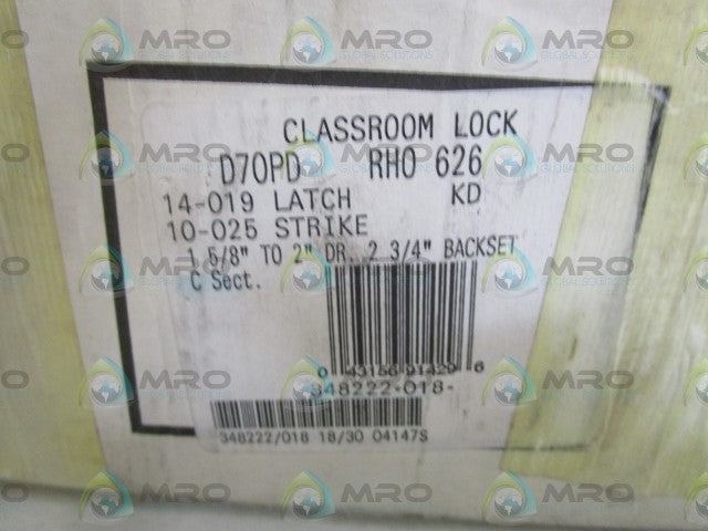 SCHLAGE CLASSROOM LOCK W/O KEY D70PD RH0 626 *NEW IN BOX*