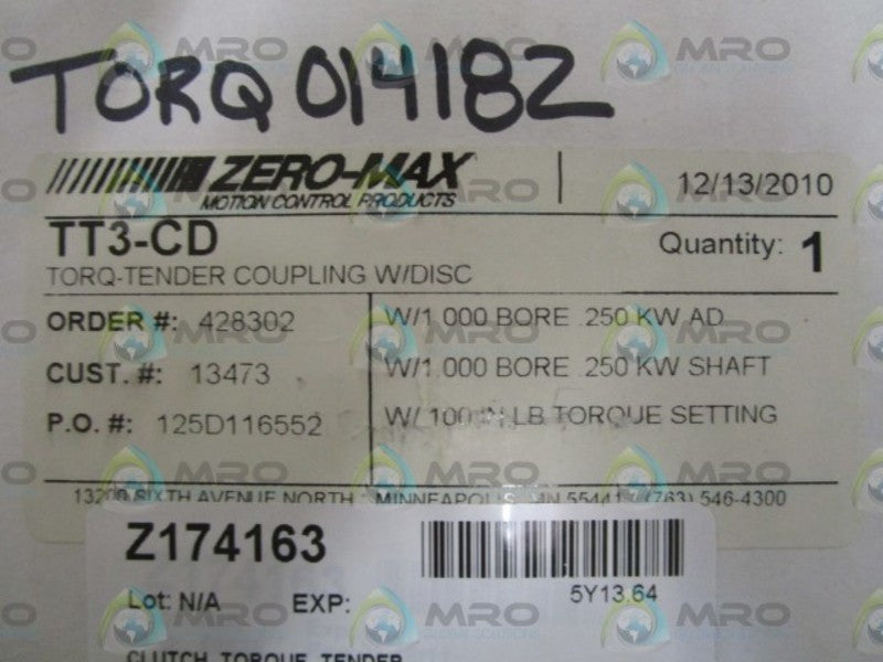 ZERO-MAX TORQ-TENDER COUPLING W/ DISC TT3-CD *NEW IN BOX*