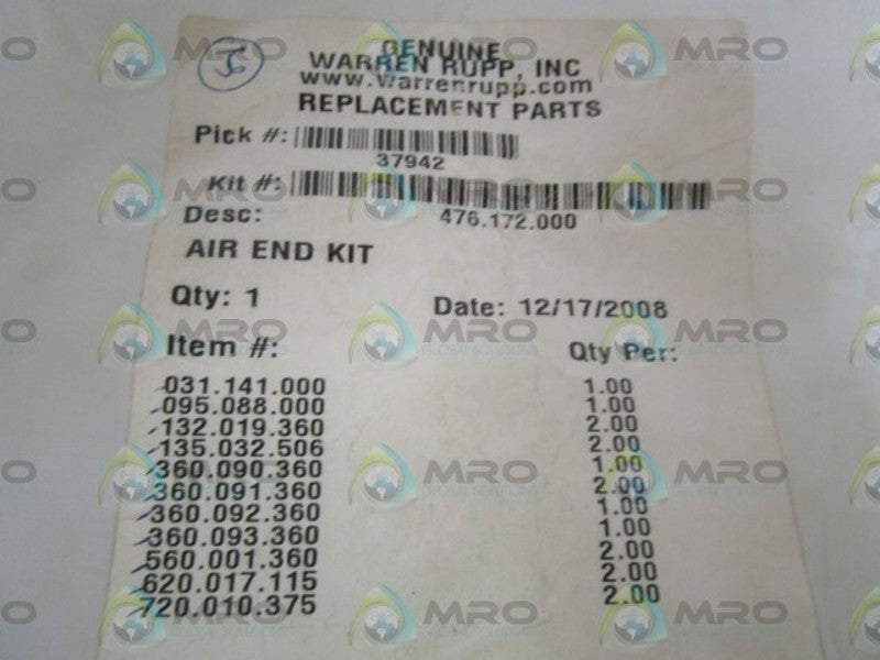 WARREN PUMP AIR END KIT 476.172.000 *NEW IN BAG*