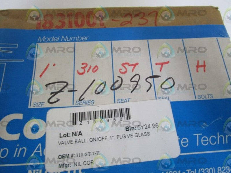 NIL-COR BALL VALVE 1" 310-ST-T-H *FACTORY SEALED*