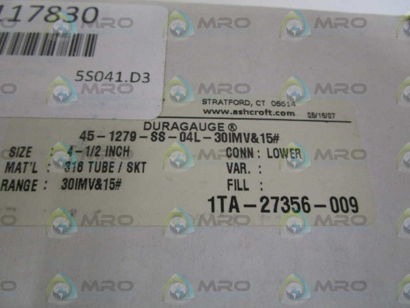 ASHCROFT 451279SS04L-30IMV&15#  NSMP