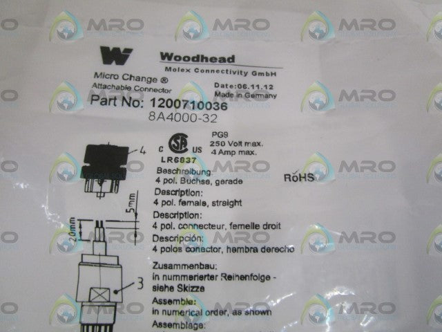 WOODHEAD SENSOR CONNECTOR RECEPTACLE 1200710036 *NEW IN FACTORY BAG*