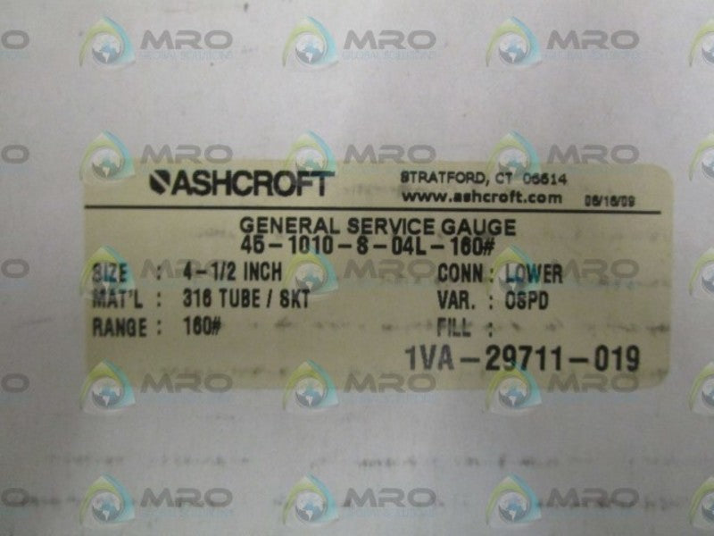 ASHCROFT 451010S04L-160# PRESSURE GAUGE 0-160PSI  NSMP