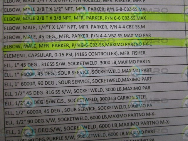 LOT OF 16 PARKER 3/8" X 3/8" MALE ELBOW 6-6CBZ-SS *NEW NO BOX*