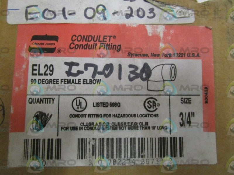 LOT OF 2 CROUSE-HINDS 3/4" 90 DEGREE FEMALE ELBOW EL29 *NEW IN BOX*