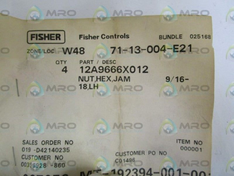 LOT OF 4 FISHER HEX NUT 12A9666X012 *NEW IN FACTORY BAG*