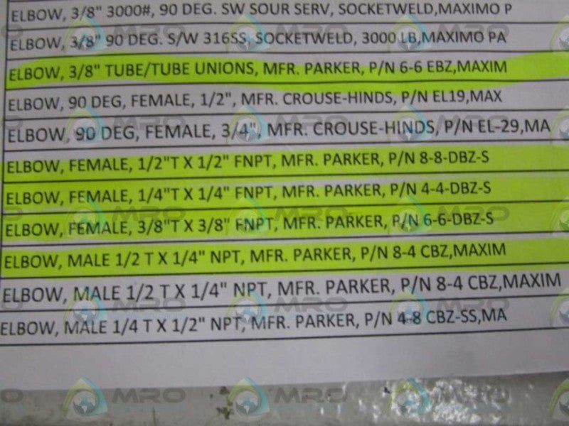 LOT OF 5 PARKER 3/8" ELBOW 6-6EBZ *NEW NO BOX*
