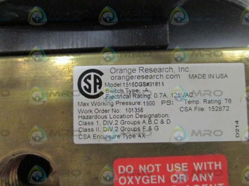 ORANGE RESEARCH, INC. DIFFERENTIAL PRESSURE GAUGE 1516DGS-31811  NSNP