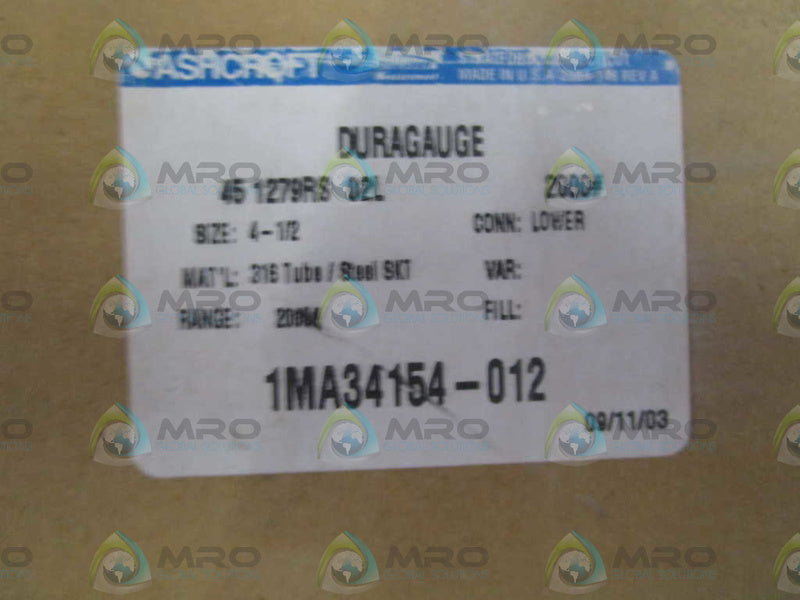 ASHCROFT 451279RS02L-2000# DURAGAGUGE 4-1/2"  0-2000 PSI  NSMP
