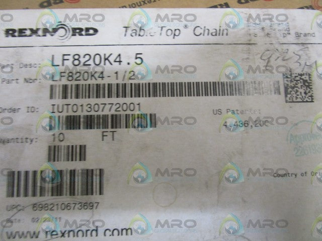 REXNORD LF820K4.5 10FT CONVEYOR CHAIN *NEW IN BOX*