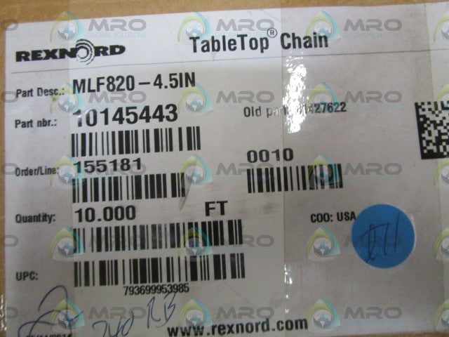 REXNORD MLF820-4.5IN CONVEYOR CHAIN 10FT *NEW IN BOX*