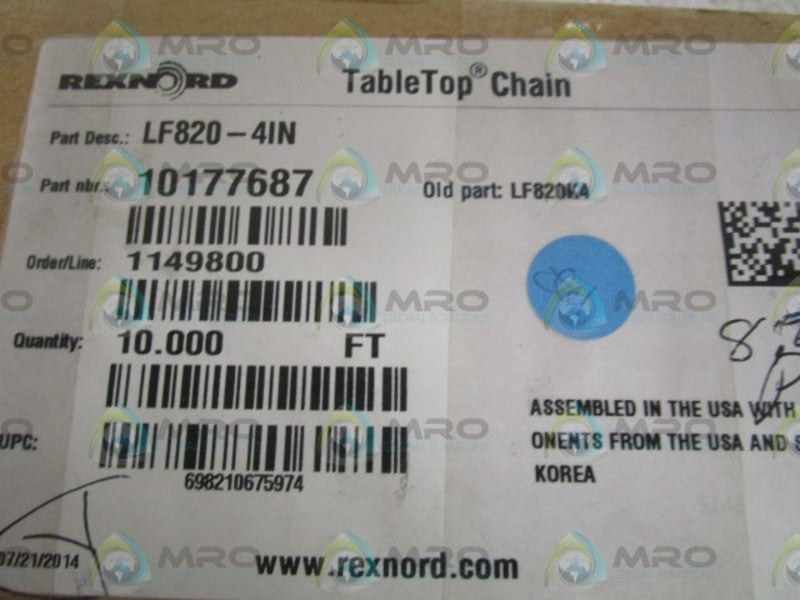 REXNORD LF820-4IN 10FT CONVEYOR CHAIN *NEW IN BOX*