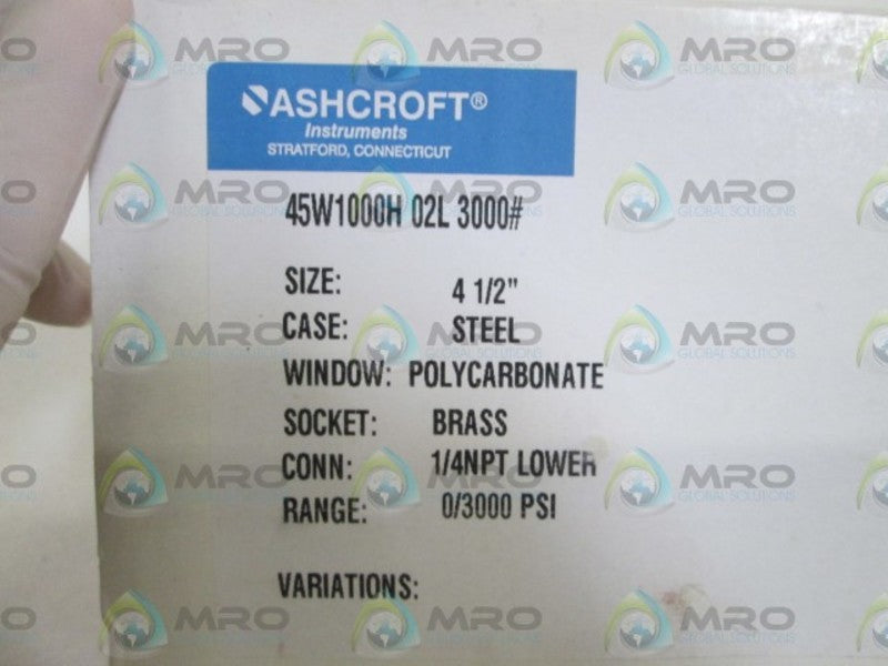 ASHCROFT 45W1000H02L-3000# PRESSURE GAUGE 0-3000 PSI  NSMP